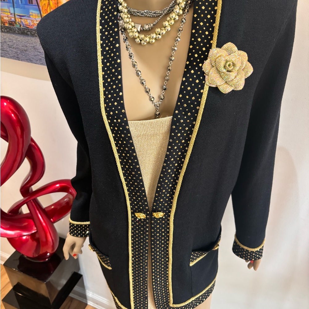 St. John Black Gold Blazer Trim 12 14 paillettes sequins evening embellished - Picture 3 of 10